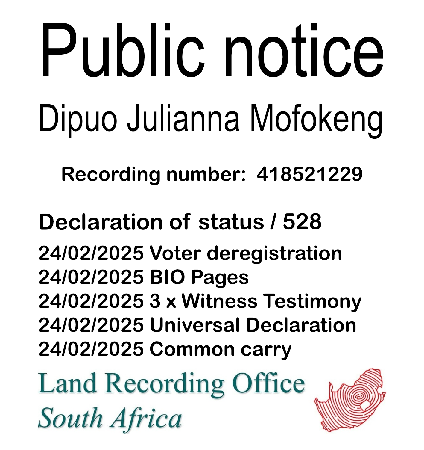 Public Notice Dipuo Julianna Mofokeng (c)™ Recording number 418521229